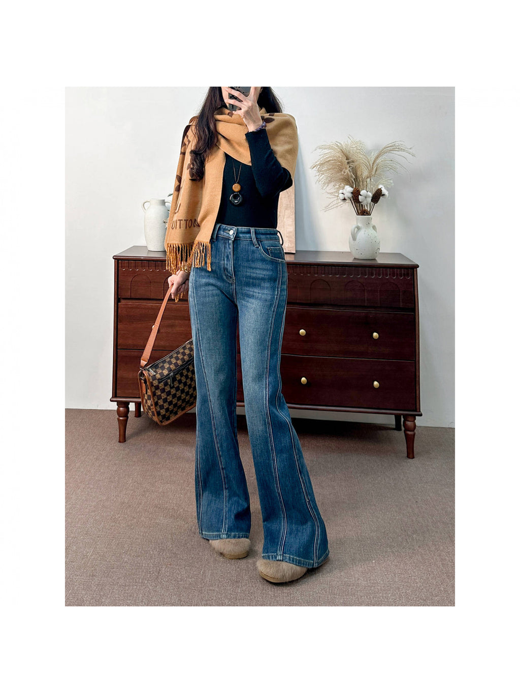 Fleece-lined High-Waisted Jeans | Elegant Solid Color, Slight Stretch, Straight Leg, All-season