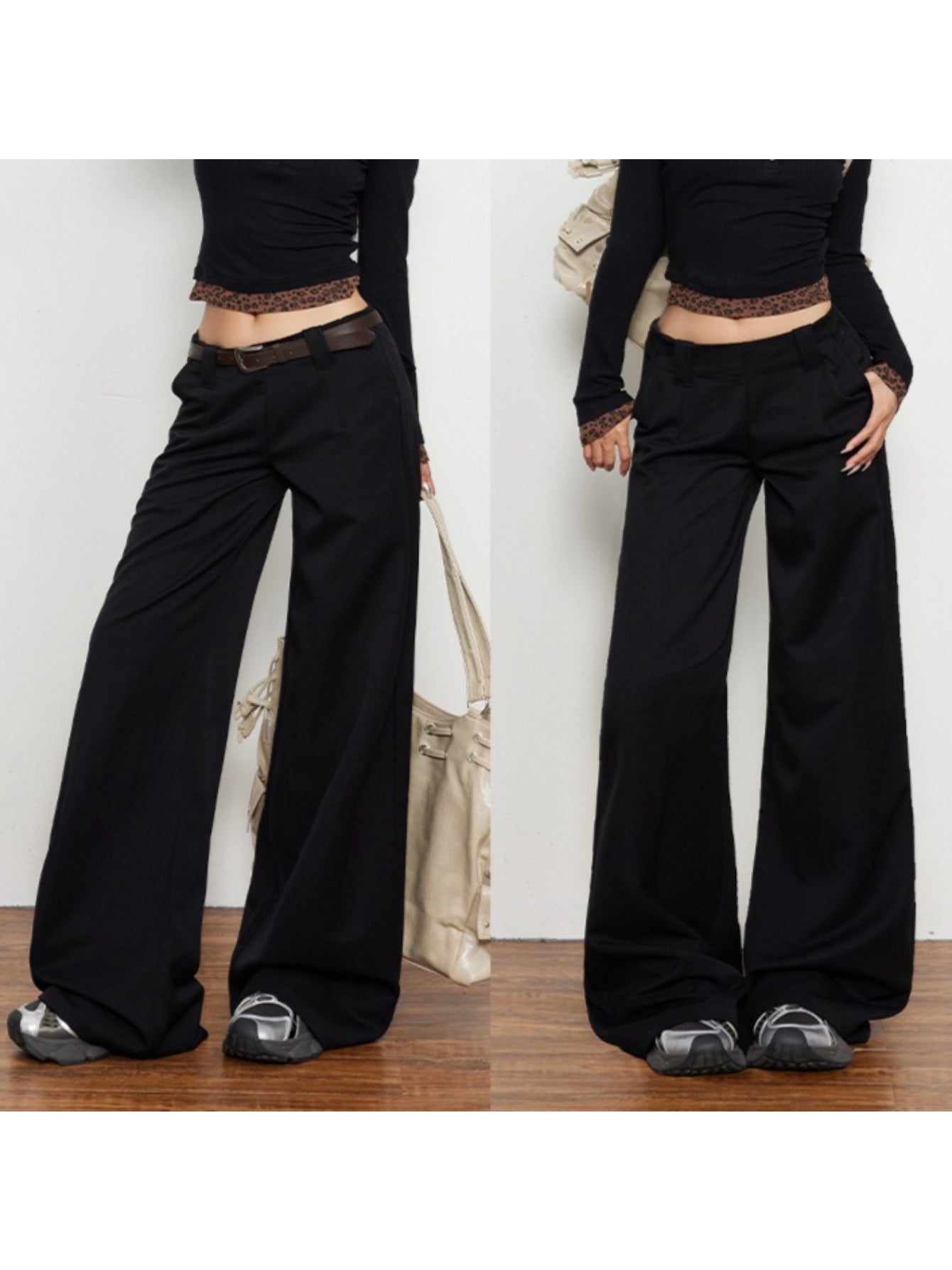 Four Seasons Wear Spice Style Black Low Waist Casual Pants | Drape Loose Straight Leg Wide Leg Suit Pants with Back Flap