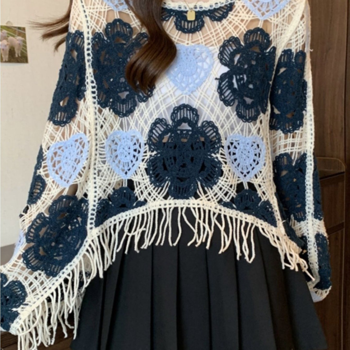Women's Vintage French Crochet Sweater - Oversized Loose Fit Long Sleeve Crocheted Top with Fringe Hem & Lace-like White Yoke, & Navy Blue Short Cropped Jacket (Hand Washable) for Layering, Beach Parties & Casual