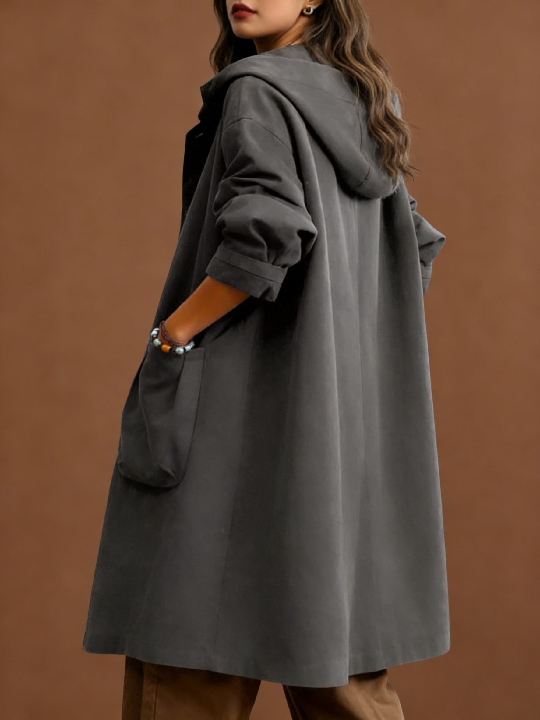 Women's Trench Coat Elegant Women's Loose-Fit Hooded Trench Coat - Versatile Mid-Length Design with Single-Breasted Button and Large Pockets for Fall\Winter