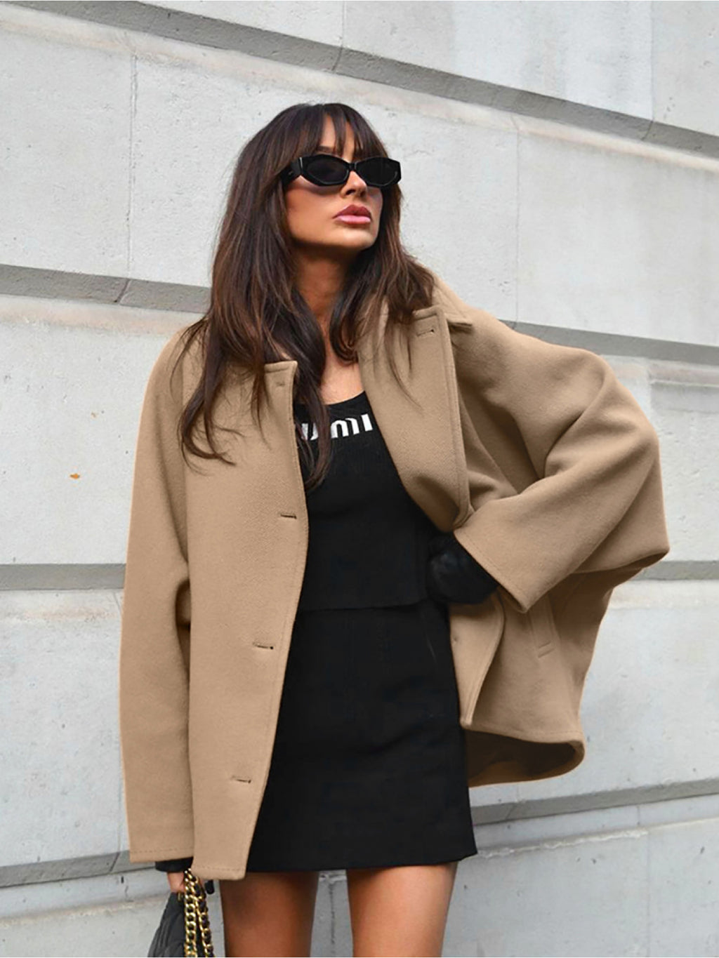 Autumn Fashion High-End Brown Lapel Batwing Sleeve Cardigan Coat European and American Cross-Border Simple Commuter Women's Clothing