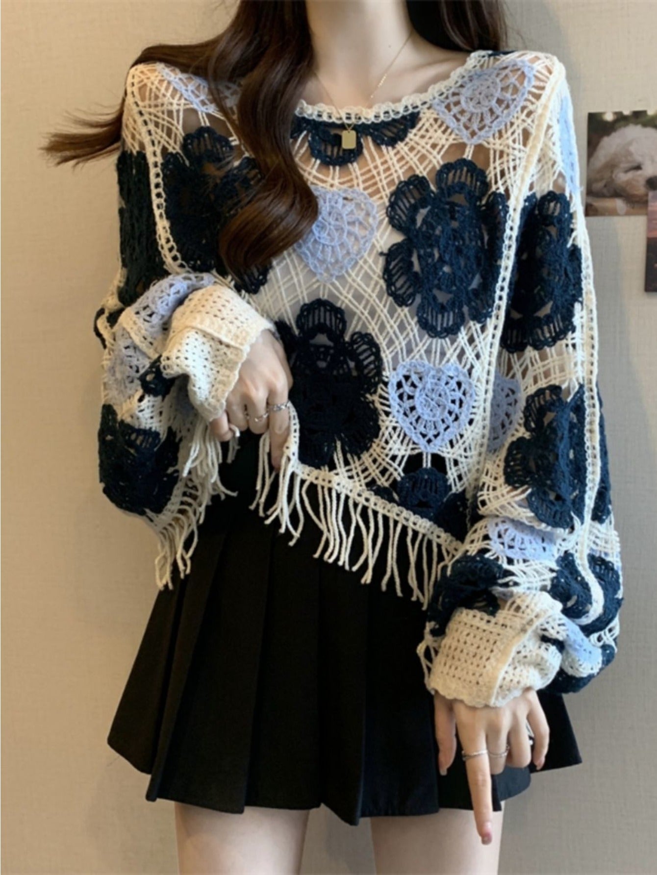 Women's Vintage French Crochet Sweater - Oversized Loose Fit Long Sleeve Crocheted Top with Fringe Hem & Lace-like White Yoke, & Navy Blue Short Cropped Jacket (Hand Washable) for Layering, Beach Parties & Casual