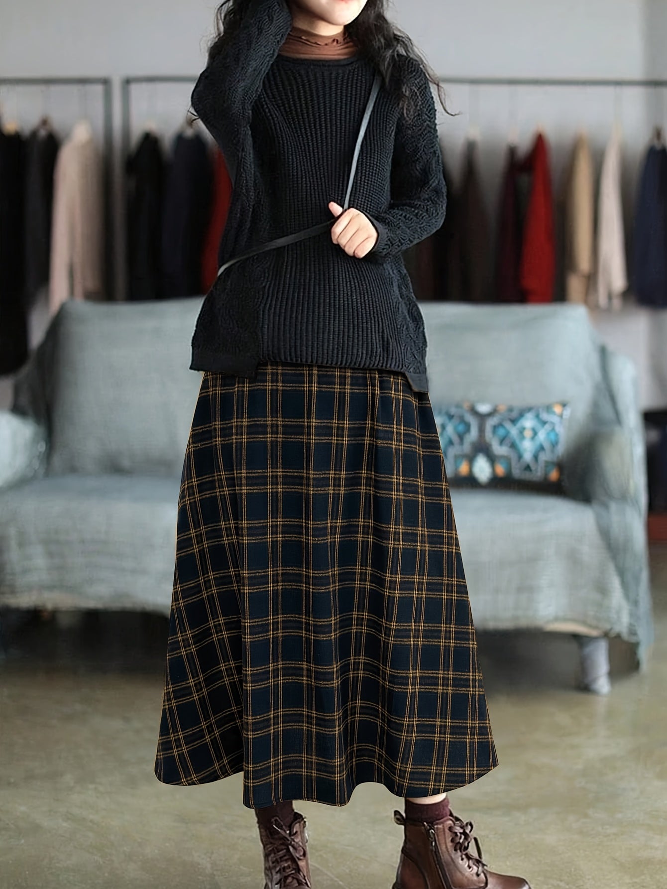 Vintage Plaid Skirt | Coffee-Colored High-Waist Flared A-Line, Mid-Length Forest-Style Versatile Skirt That Is Slim-Fitting And Hip-Covering, Ideal for Autumn and Winter
