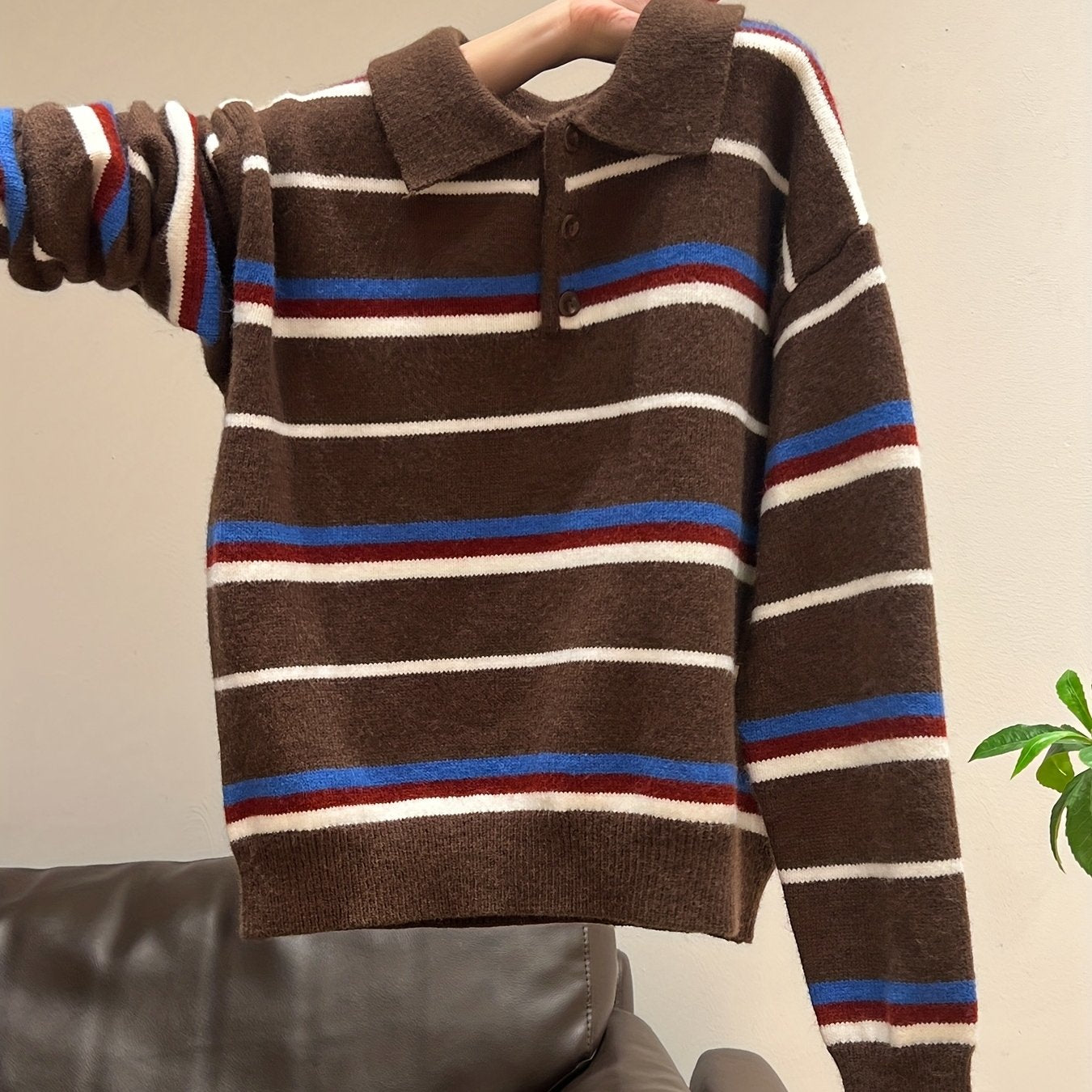 Women'S Korean Christmas Blue Striped Color-Block Button-Up Cardigan | Winter Warm Top, Elegant Knitwear, Loose Fit, Cozy Material, Long Sleeve, Fall\Winter