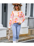 Women'S Oversized Floral Print Sweater - Soft Round Neck Winter Warm Sweater with Large Pink & Orange Flower Pattern, Cozy Fall Winter Sweater for Casual & Semi-Formal Outfits, Durable Easy-Care Fabric
