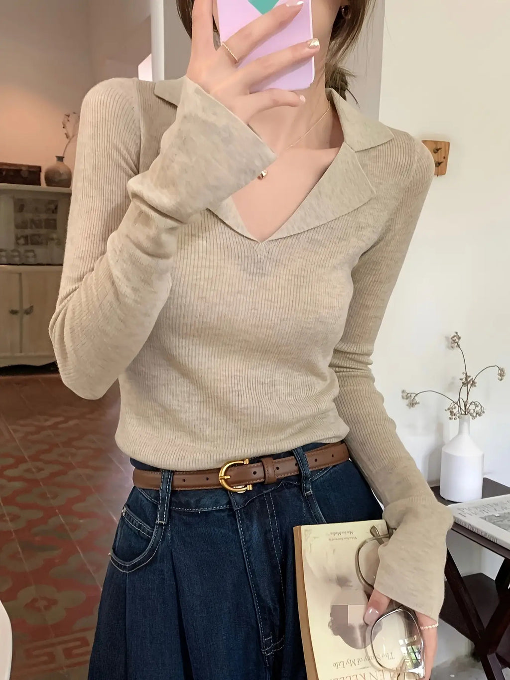 Women'S Elegant V-Neck Sweater - Slim Fit Long Sleeve Office & Everyday Top, Soft Sweater for Fall\Winter, Chic Layering Piece for Women, Professional & Casual Outfits