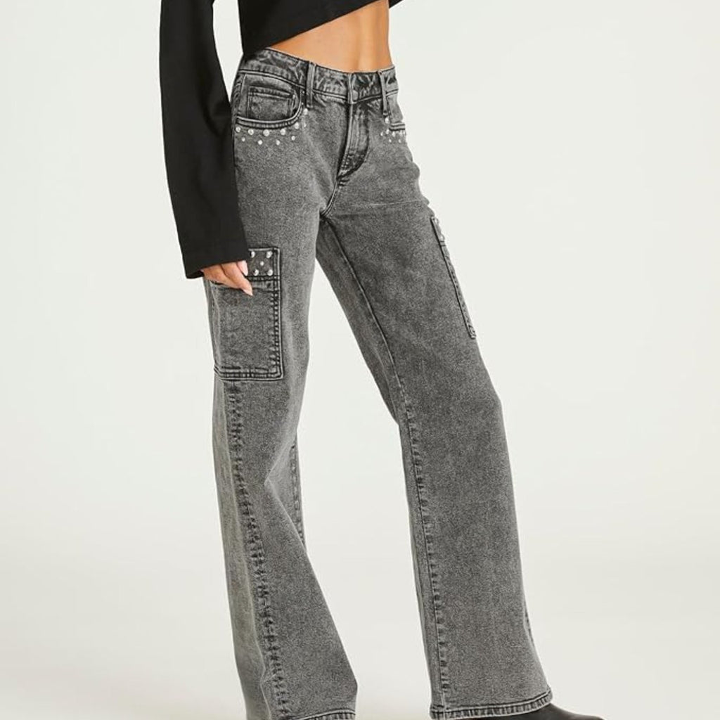High-Waisted Wide-Leg Jeans - Adorned Belt Loop & Button Closure, Straight-Leg Workwear Pants