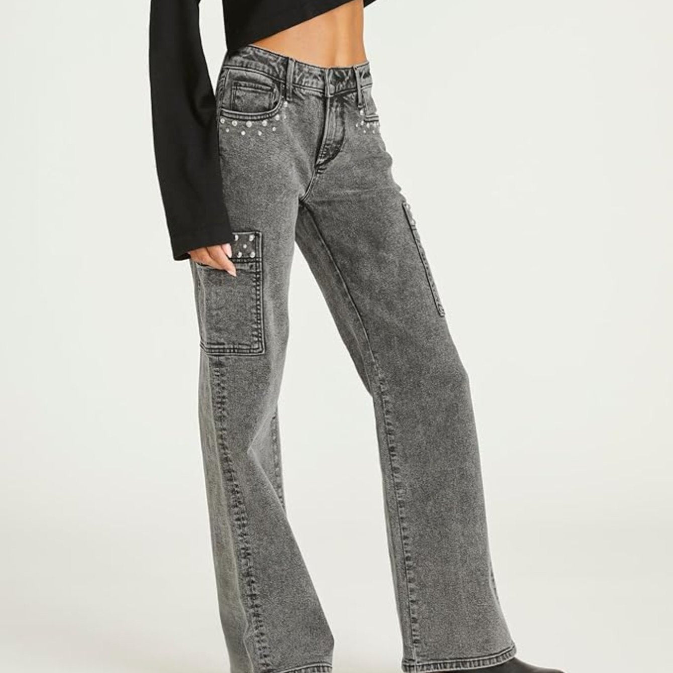 High-Waisted Wide-Leg Jeans - Adorned Belt Loop & Button Closure, Straight-Leg Workwear Pants
