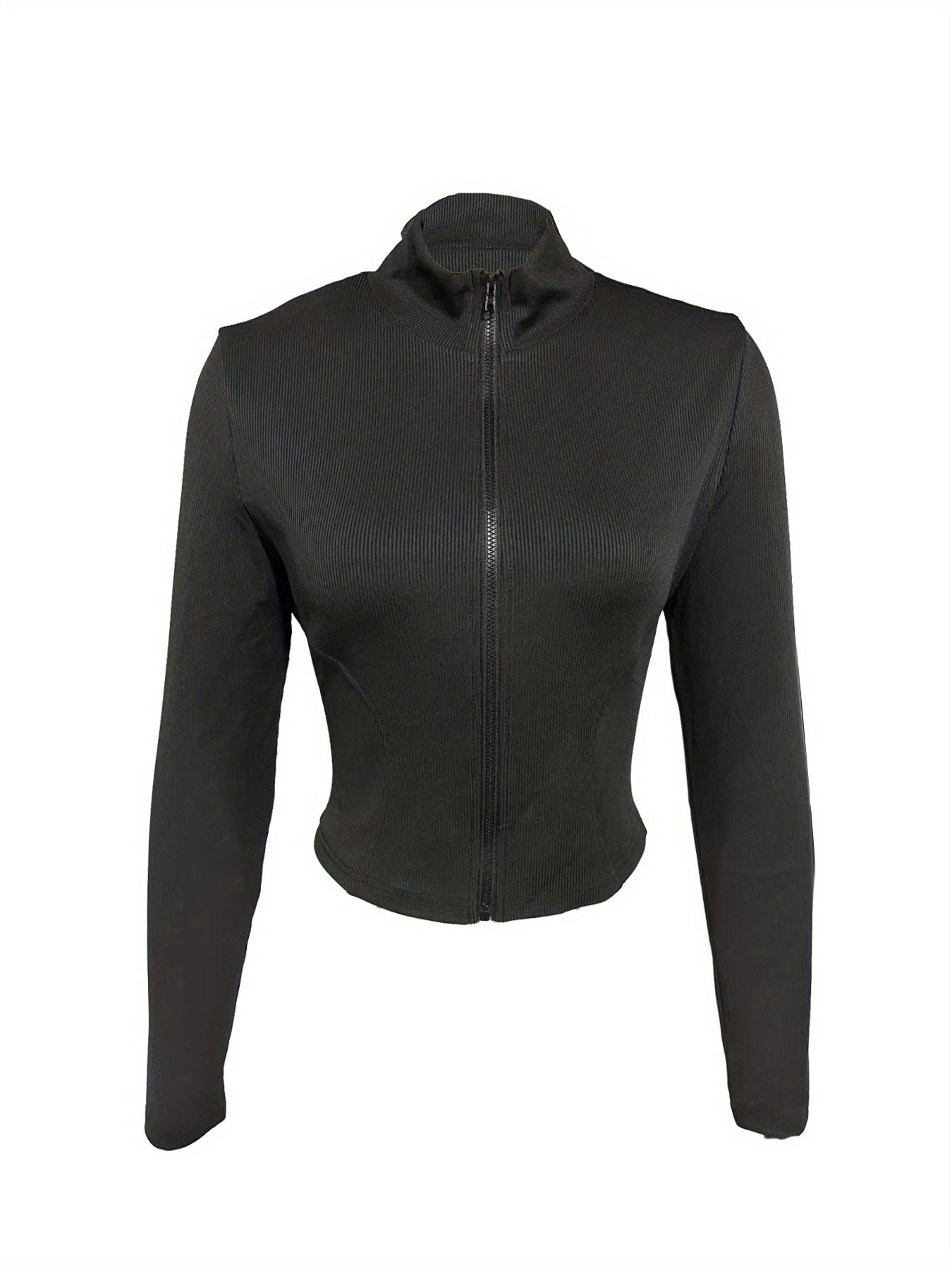 Solid-color Ribbed Stand-up Collar Zipper Jacket for Women In Autumn And Winter