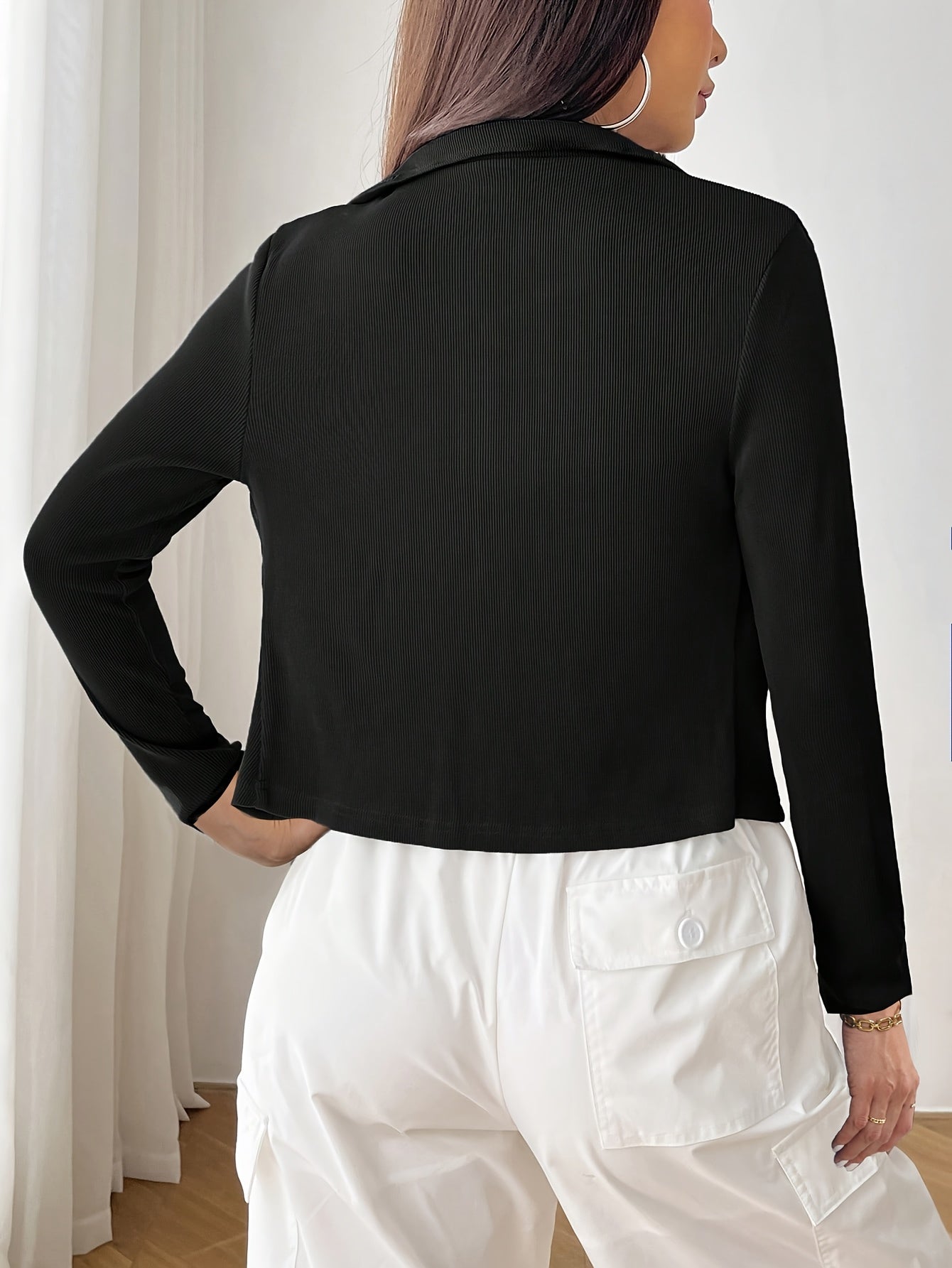 Solid-color Ribbed Stand-up Collar Zipper Jacket for Women In Autumn And Winter