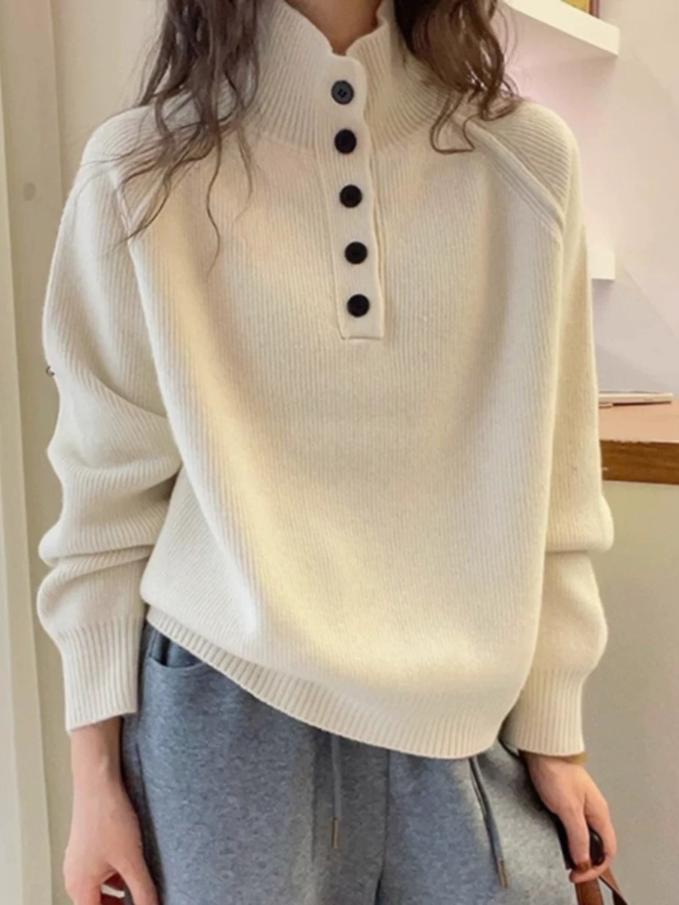 Winter Sweater - High Neck Turtleneck Button-Front Closure, Loose Fit Soft Warm Pullover Sweaters, One-Size-Fits-Most Color Block design for Office, Date Night & Cold Weather