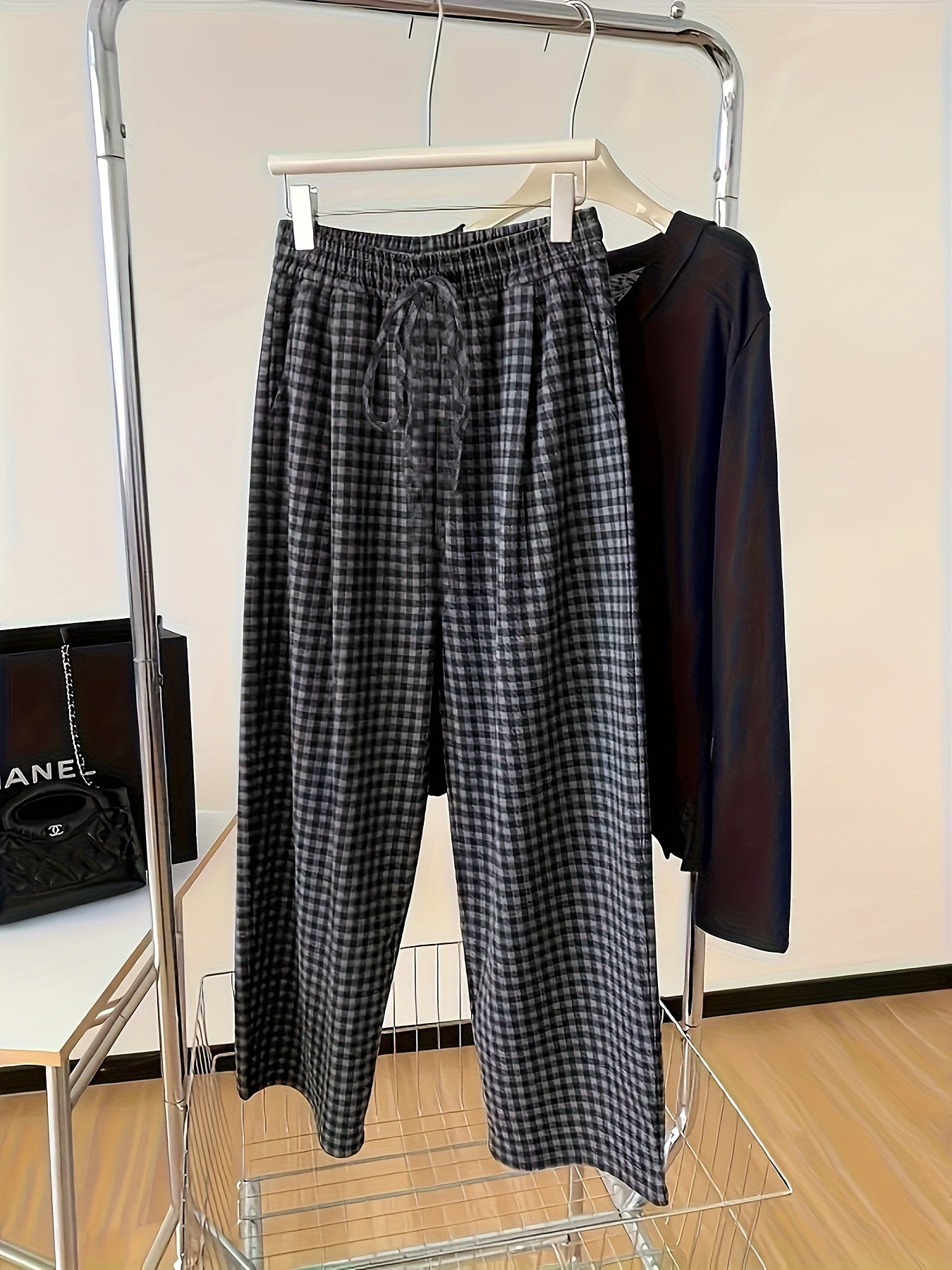 Women's Long Pants, New Spring\Autumn Plaid Loose Pants with Elastic Waistband and Drawstring Design, Casual Fashion Trendy Straight-Leg Pants