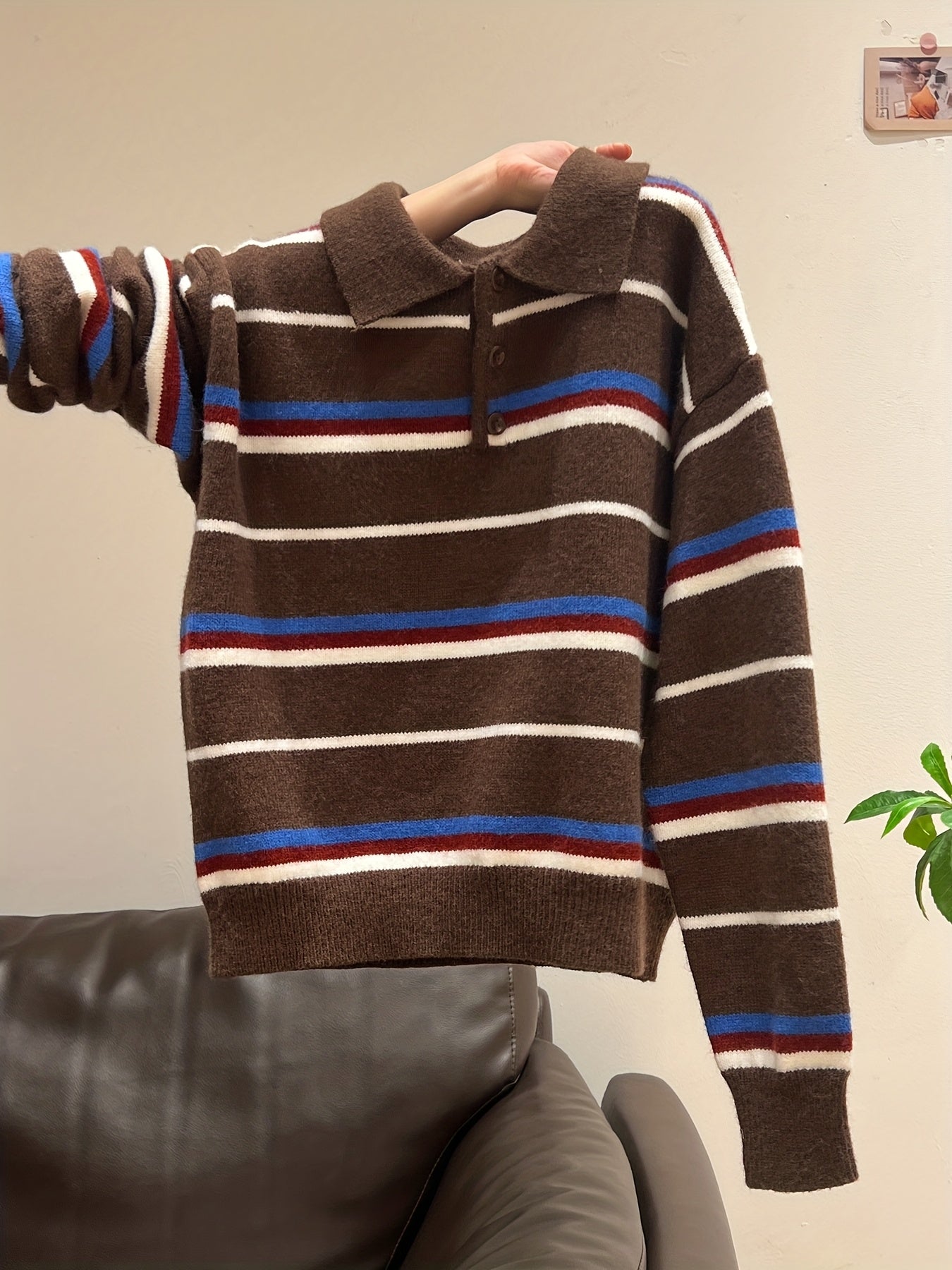 Women'S Korean Christmas Blue Striped Color-Block Button-Up Cardigan | Winter Warm Top, Elegant Knitwear, Loose Fit, Cozy Material, Long Sleeve, Fall\Winter