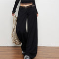 Four Seasons Wear Spice Style Black Low Waist Casual Pants | Drape Loose Straight Leg Wide Leg Suit Pants with Back Flap