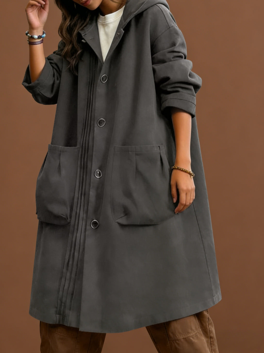 Women's Trench Coat Elegant Women's Loose-Fit Hooded Trench Coat - Versatile Mid-Length Design with Single-Breasted Button and Large Pockets for Fall\Winter
