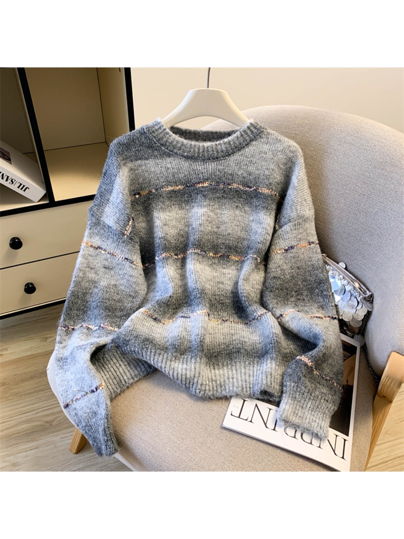 Women's Winter Warm Loose-Fit Outerwear Sweater - Rainbow Stripe Color-Block Round Neck Pullover, Casual Winter Sweaters for Layering (Hand Washable) in Multicolor Stripes