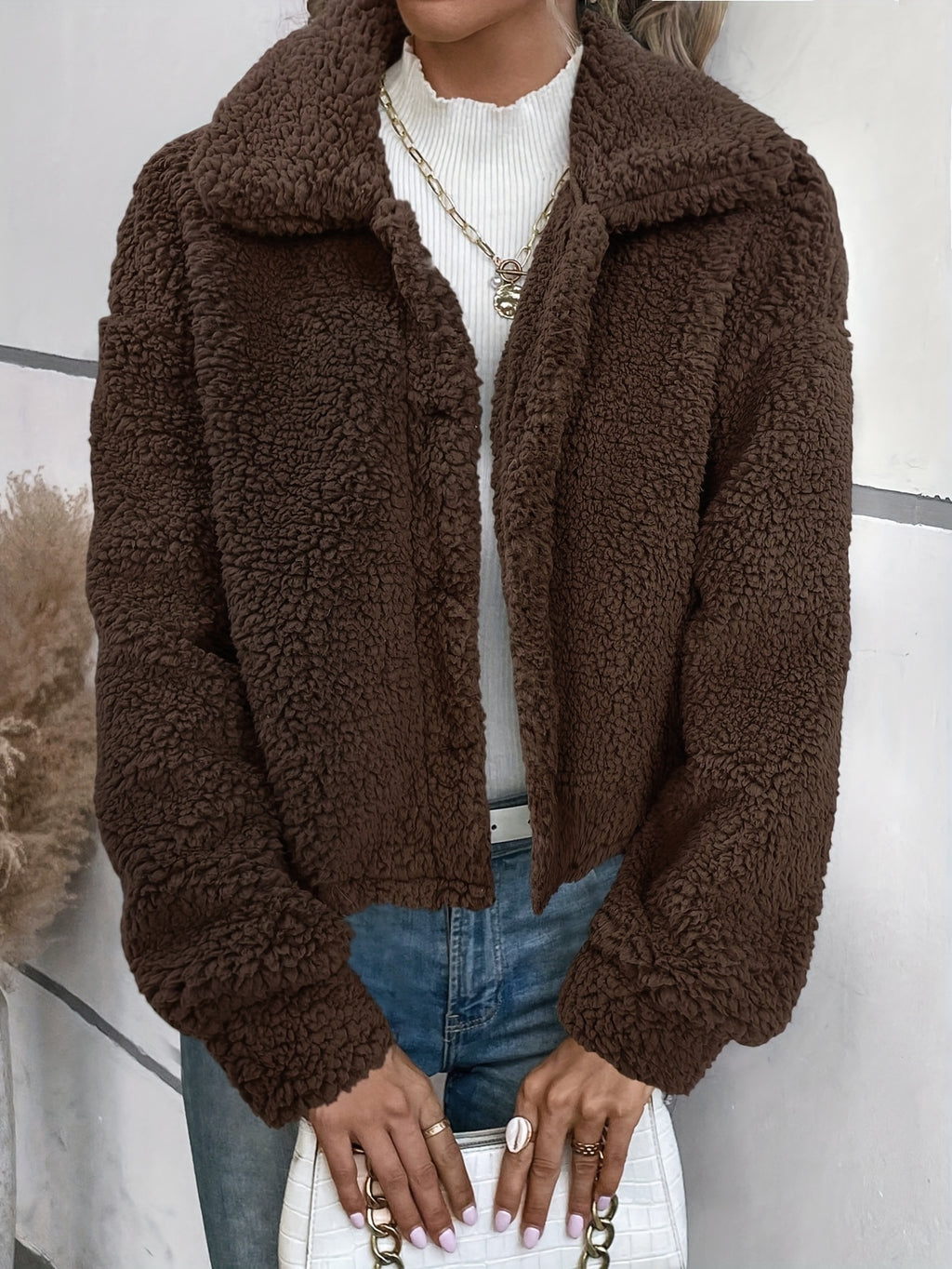 Women's Autumn-Winter Warm Elegant Solid Color Casual Lapel Front Button Long Sleeve Short Faux Coat