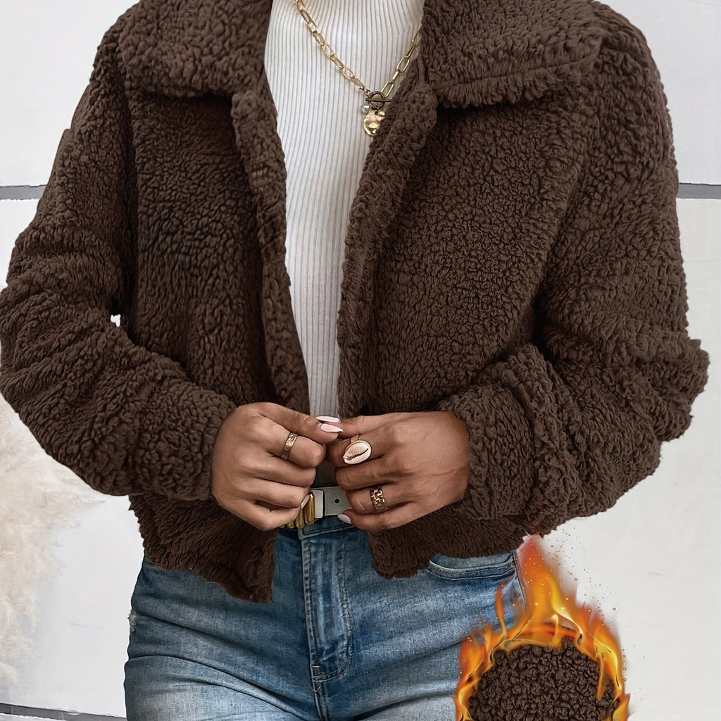 Women's Autumn-Winter Warm Elegant Solid Color Casual Lapel Front Button Long Sleeve Short Faux Coat