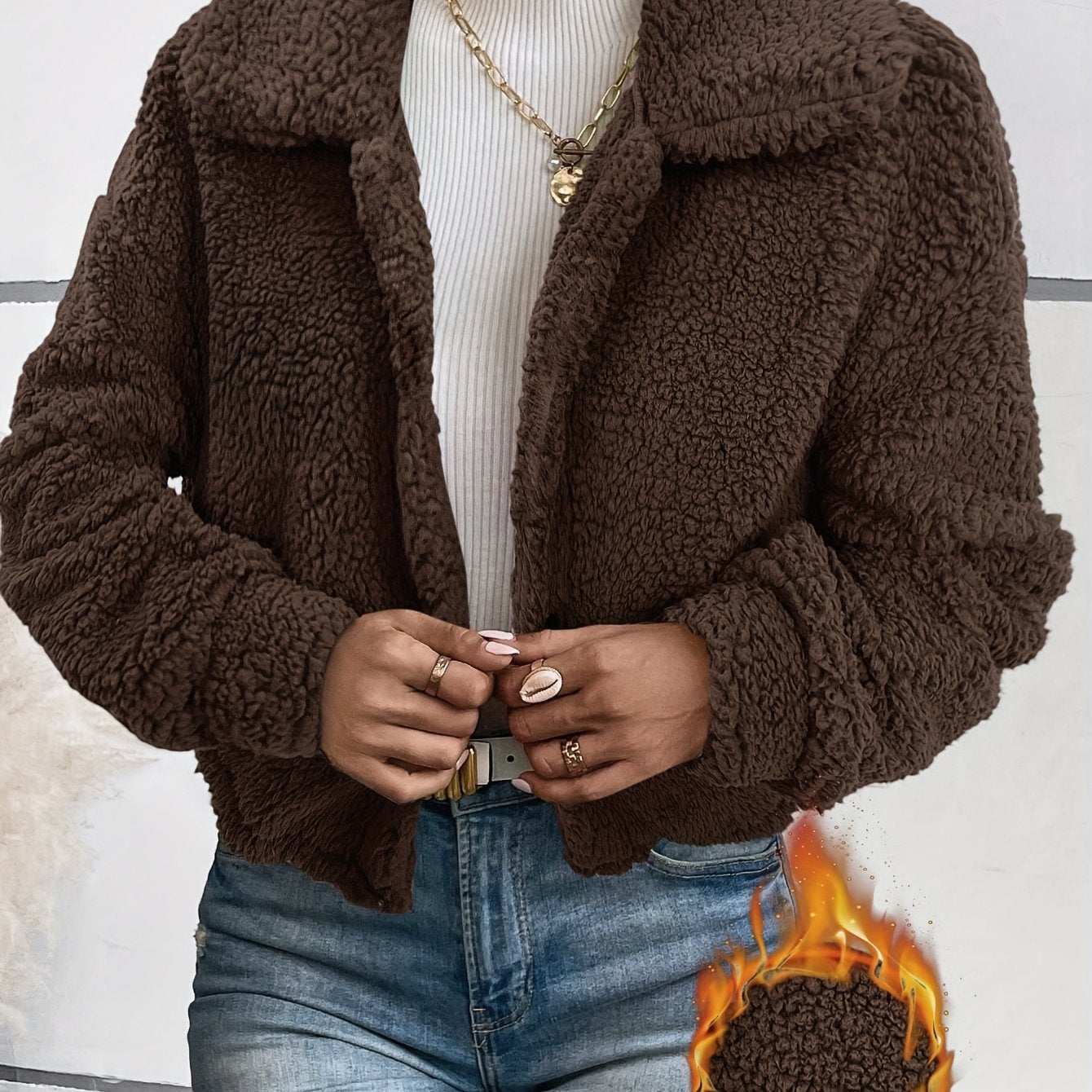 Women's Autumn-Winter Warm Elegant Solid Color Casual Lapel Front Button Long Sleeve Short Faux Coat