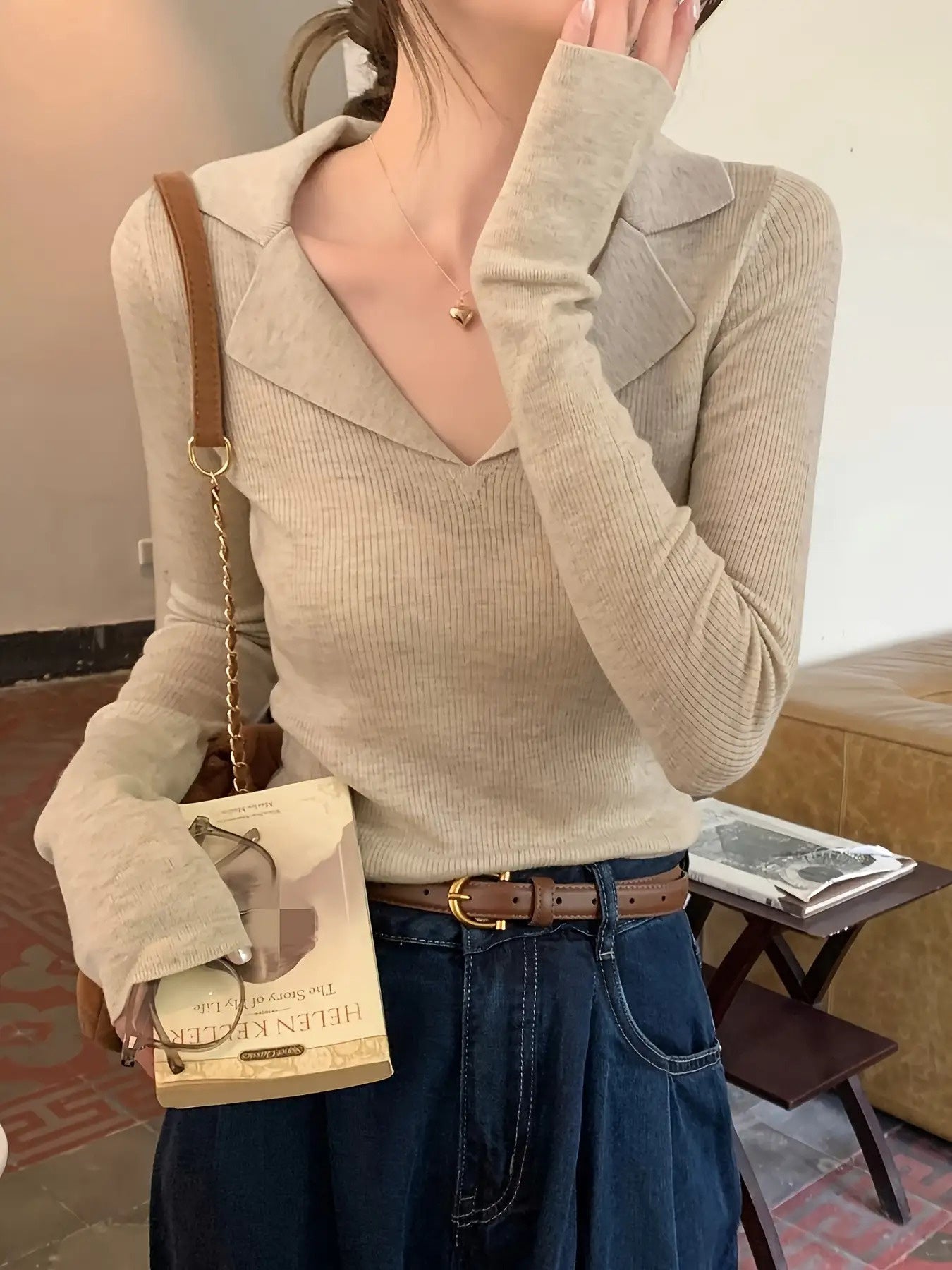 Women'S Elegant V-Neck Sweater - Slim Fit Long Sleeve Office & Everyday Top, Soft Sweater for Fall\Winter, Chic Layering Piece for Women, Professional & Casual Outfits