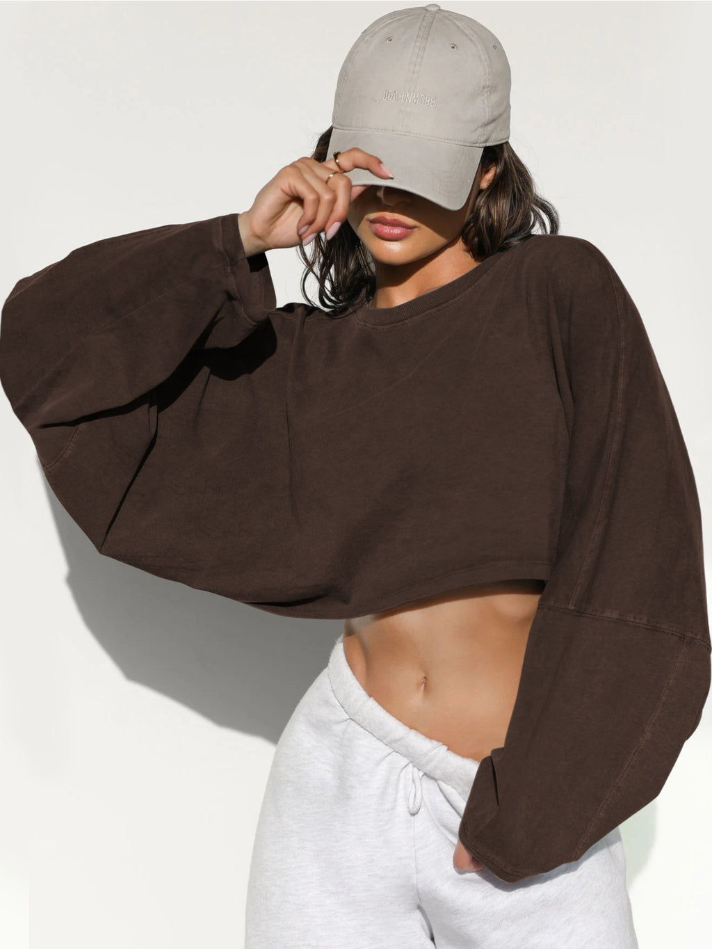 Crop Top Crew Neck Sweatshirt | European and American Women'S Short Sports Base Shirt, Long-Sleeved Sweater, Solid Color for Fall\Winter