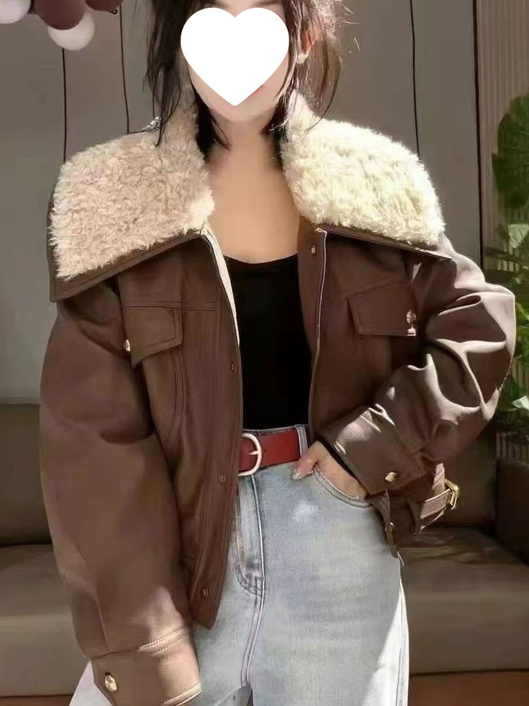 Womens Short Winter Coat - Warm Fashion Lamb Patchwork Jacket with Oversized Lapel - Stylish Puffer Outerwear for Cold Weather