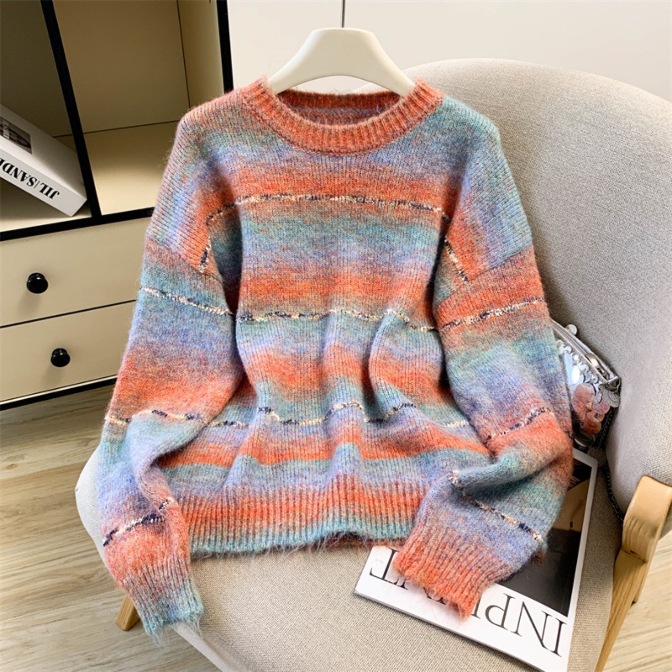 Women's Winter Warm Loose-Fit Outerwear Sweater - Rainbow Stripe Color-Block Round Neck Pullover, Casual Winter Sweaters for Layering (Hand Washable) in Multicolor Stripes