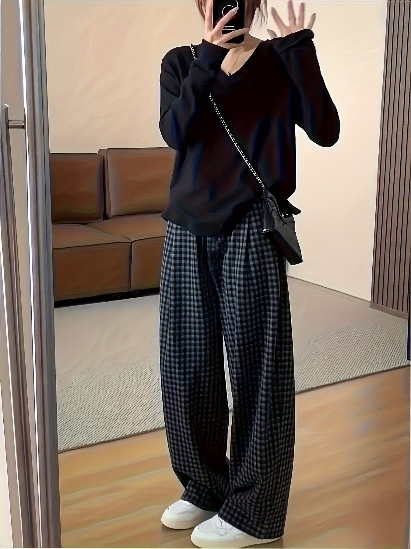 Women's Long Pants, New Spring\Autumn Plaid Loose Pants with Elastic Waistband and Drawstring Design, Casual Fashion Trendy Straight-Leg Pants