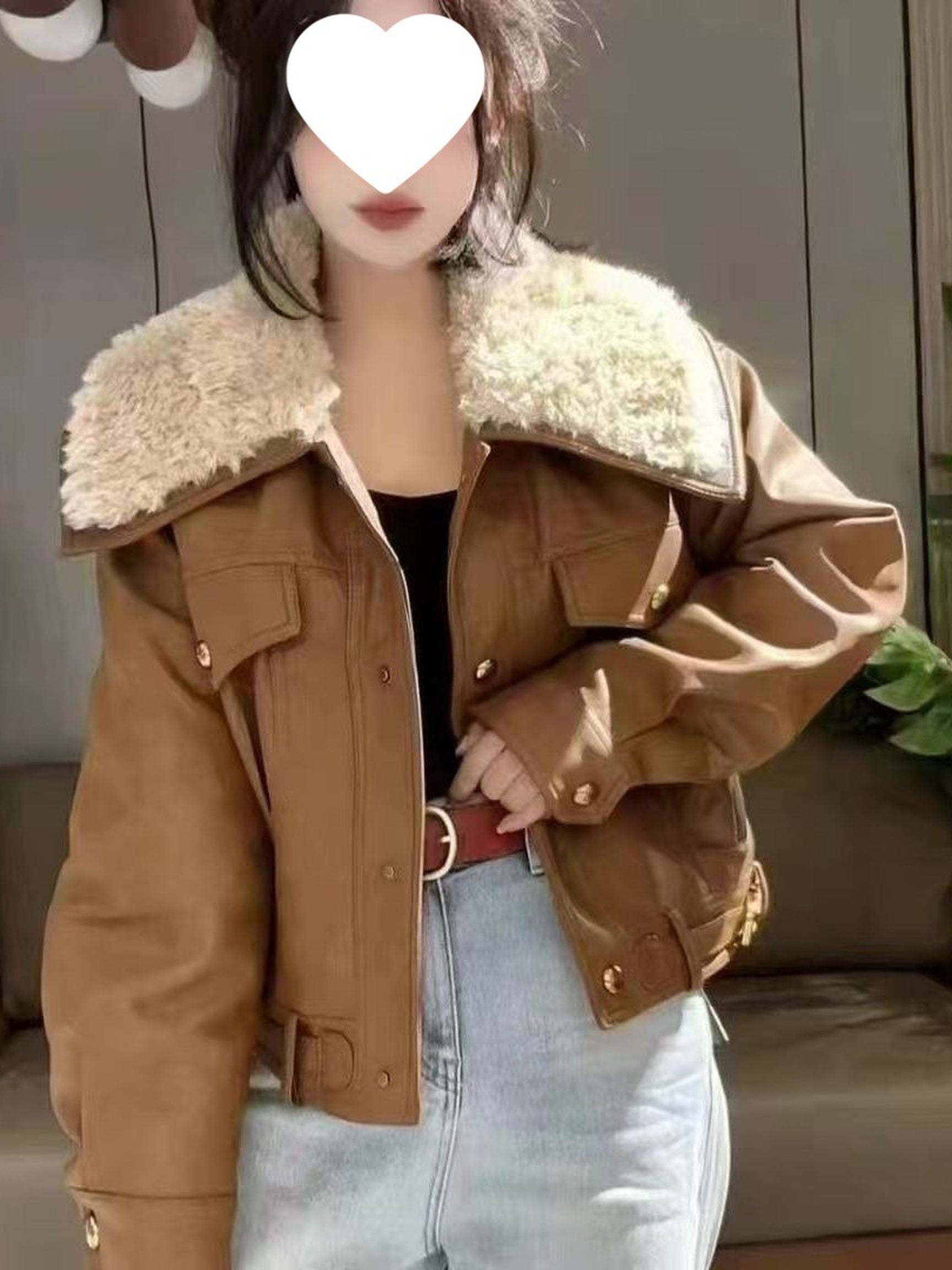 Womens Short Winter Coat - Warm Fashion Lamb Patchwork Jacket with Oversized Lapel - Stylish Puffer Outerwear for Cold Weather