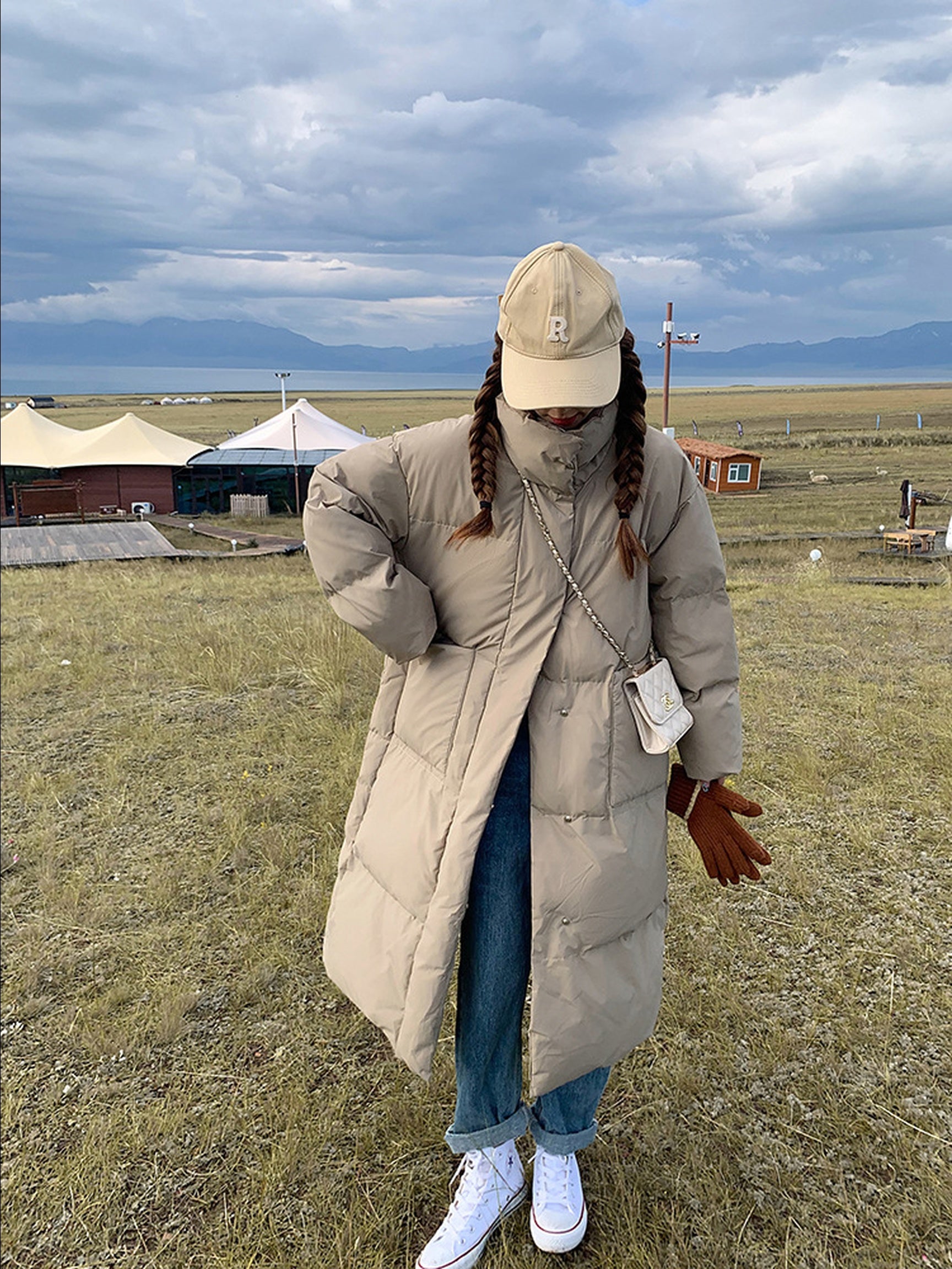 Women'S Winter Coat | 2025 New Korean-Style Long Loose Mid-Length Puffer Jacket for Petite Ladies with Geometric Pattern and Puff Sleeves