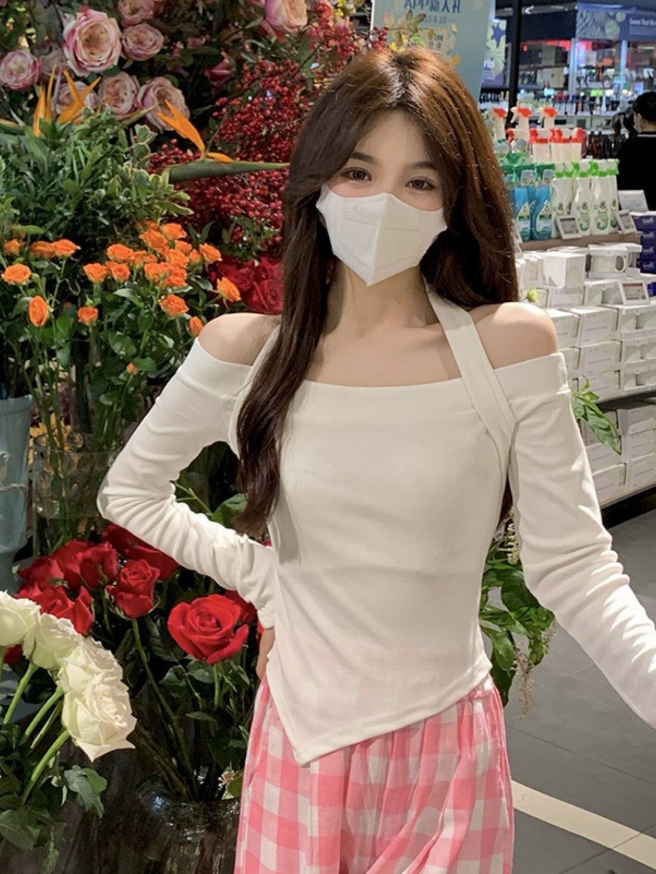 Women'S Y2K-Inspired Off-the-Shoulder Long-Sleeve T-Shirt - Ribbed Cropped Fitted Top with Contrast Color Blocking, Solid & Layered Look, Spring\Autumn Casual to Semi-Formal Wear, Versatile Everyday to Special Occasion Shirt