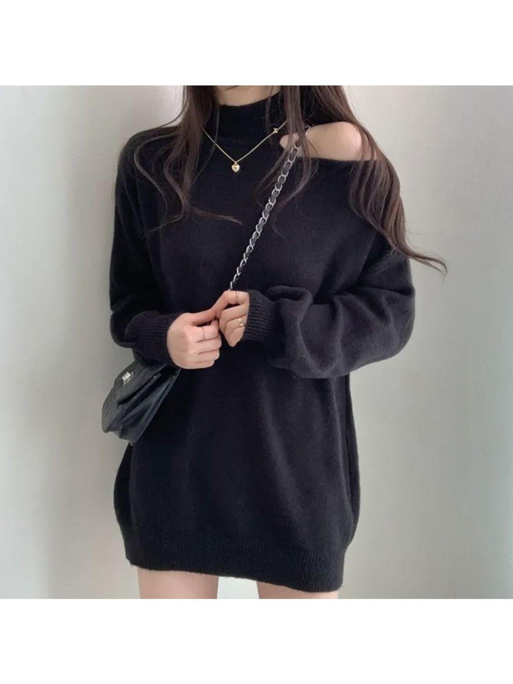 European & American Style 2026 Fall\Winter Off-Shoulder Turretneck Sweater - Hollow-Out Shoulder Design, Loose Fit Blouse, Medium-Stretch Casual Winter Sweaters for Layering