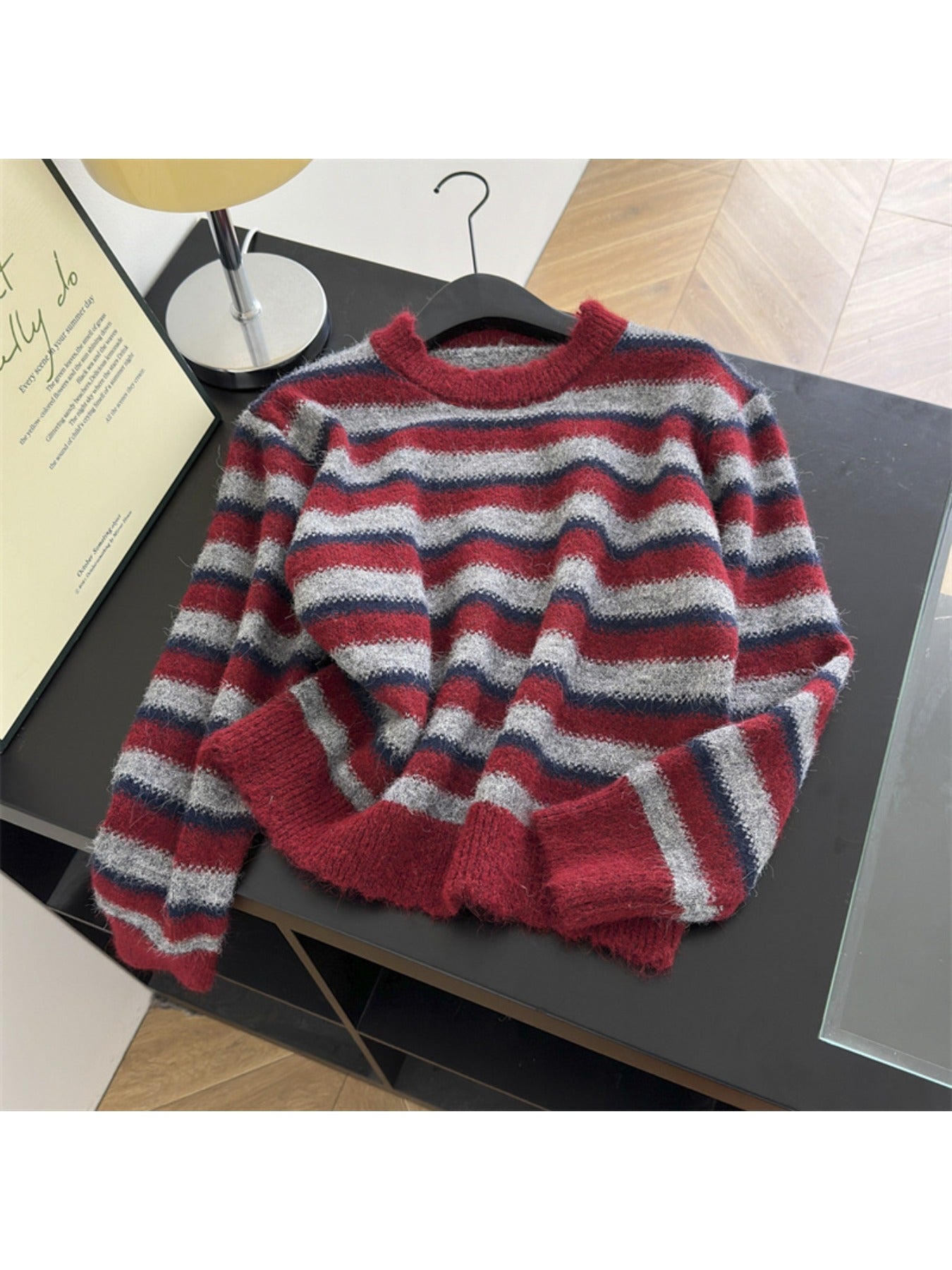 Autumn and Winter Women'S Simple and Versatile Striped Crew Neck Pullover Long-sleeve Sweater | Casual Style, Solid Color Pattern