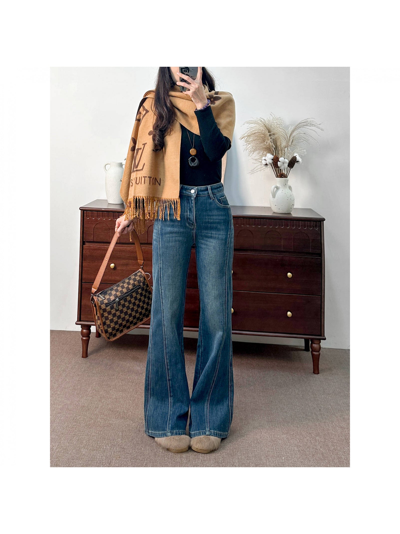 Fleece-lined High-Waisted Jeans | Elegant Solid Color, Slight Stretch, Straight Leg, All-season