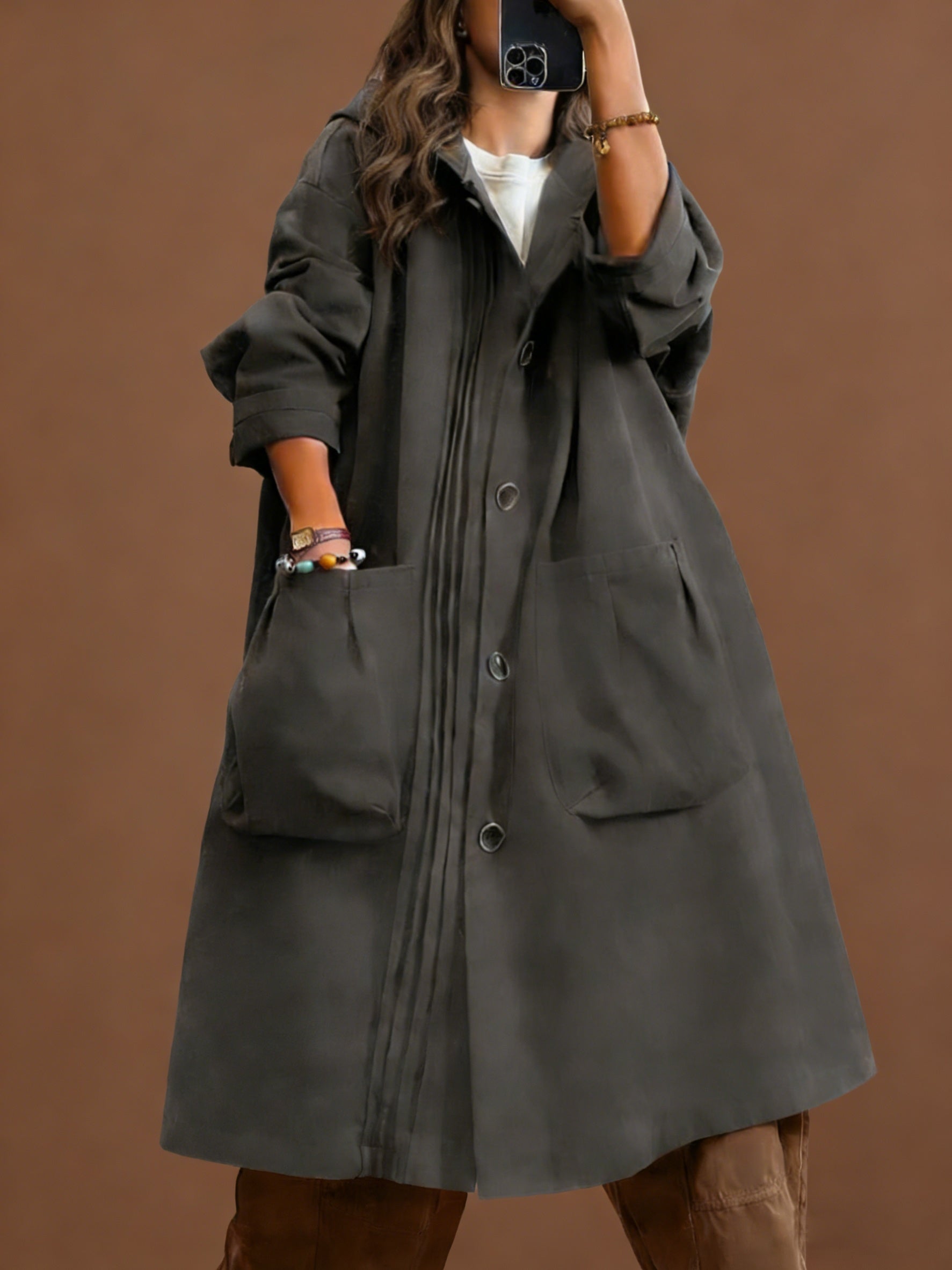 Women's Trench Coat Elegant Women's Loose-Fit Hooded Trench Coat - Versatile Mid-Length Design with Single-Breasted Button and Large Pockets for Fall\Winter