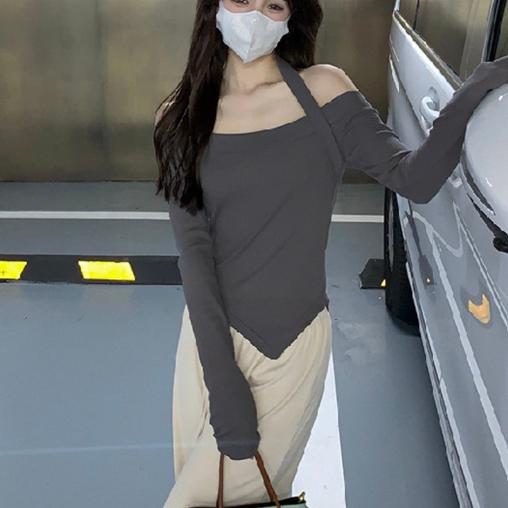 Women'S Y2K-Inspired Off-the-Shoulder Long-Sleeve T-Shirt - Ribbed Cropped Fitted Top with Contrast Color Blocking, Solid & Layered Look, Spring\Autumn Casual to Semi-Formal Wear, Versatile Everyday to Special Occasion Shirt