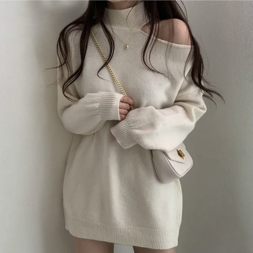 European & American Style 2026 Fall\Winter Off-Shoulder Turretneck Sweater - Hollow-Out Shoulder Design, Loose Fit Blouse, Medium-Stretch Casual Winter Sweaters for Layering