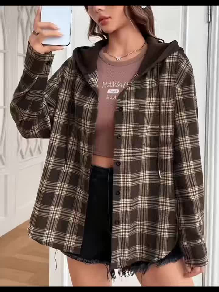 Women's Autumn Coats, Casual Hooded Shirt Coats, Women's Coats, Autumn Coats, Plaid Shirts