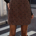 Women's Autumn\Winter Coffee Brown Corduroy Bow Print Slit Hem Slim Mini Skirt, Fashionable Elegant Skirt for Daily Commute