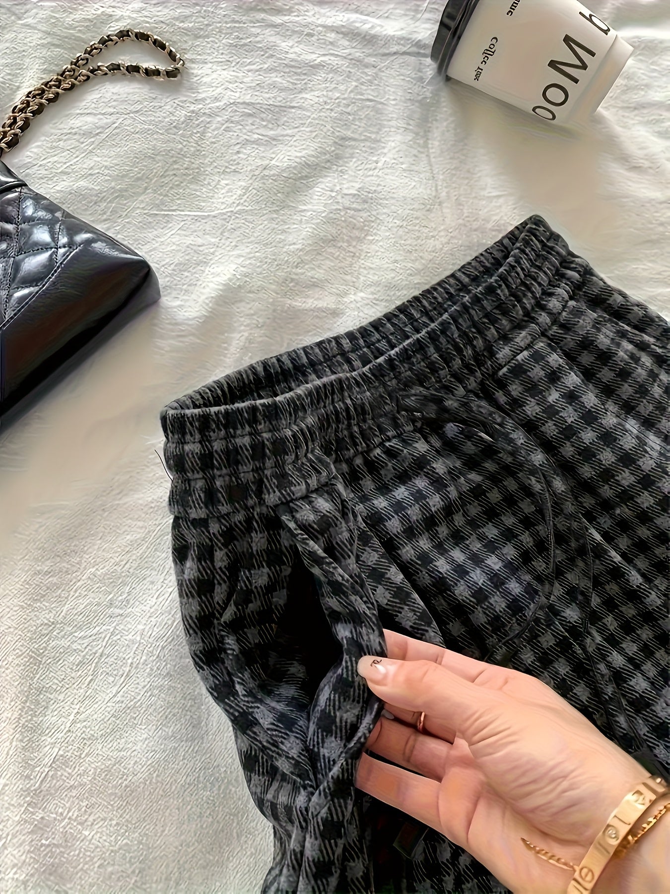 Women's Long Pants, New Spring\Autumn Plaid Loose Pants with Elastic Waistband and Drawstring Design, Casual Fashion Trendy Straight-Leg Pants