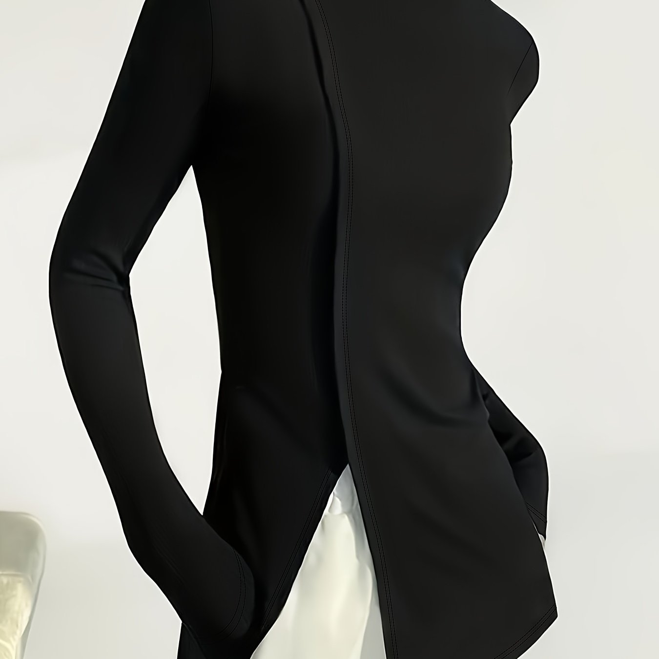 Women's Elegant High-Neck Long-Sleeve Turtleneck Top with Asymmetrical Hem - Sleek Fit Solid Color Black Shirt, Machine Washable All-Season Versatile Top for Casual & Formal Wear, Formal Clothing, Modern Fashion, Smooth Fabric