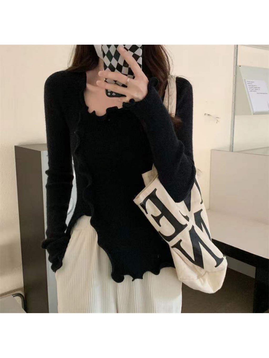 Gentle Sweet Pure Desire Ruffle Trim Top | Spring Fall Design, Long Sleeve, Solid Color, Low Collar, Slim Fit, Irregular Hot Blouse