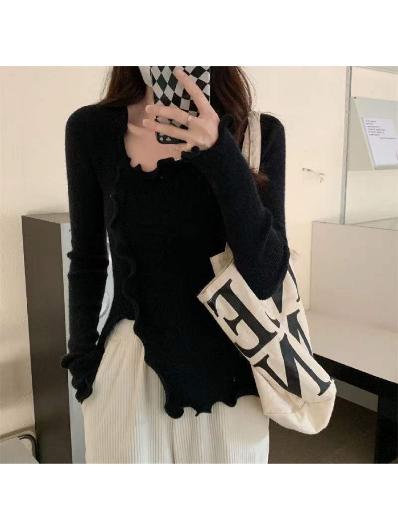 Gentle Sweet Pure Desire Ruffle Trim Top | Spring Fall Design, Long Sleeve, Solid Color, Low Collar, Slim Fit, Irregular Hot Blouse