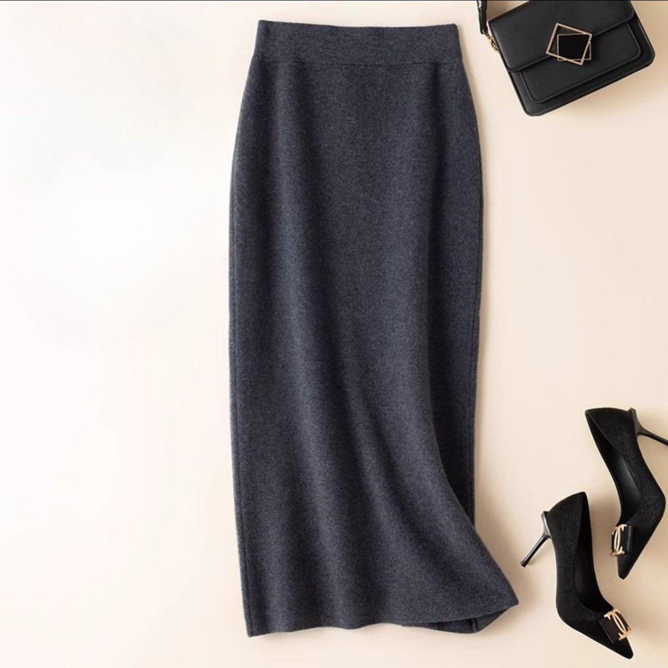 Half-length Skirt | Women'S Mid-length Winter Coat, High Waist for Effect, Stylish Fabric, Straight Shape, Versatile, Flattering Skirt, Elegant Solid Color with Color Block Details
