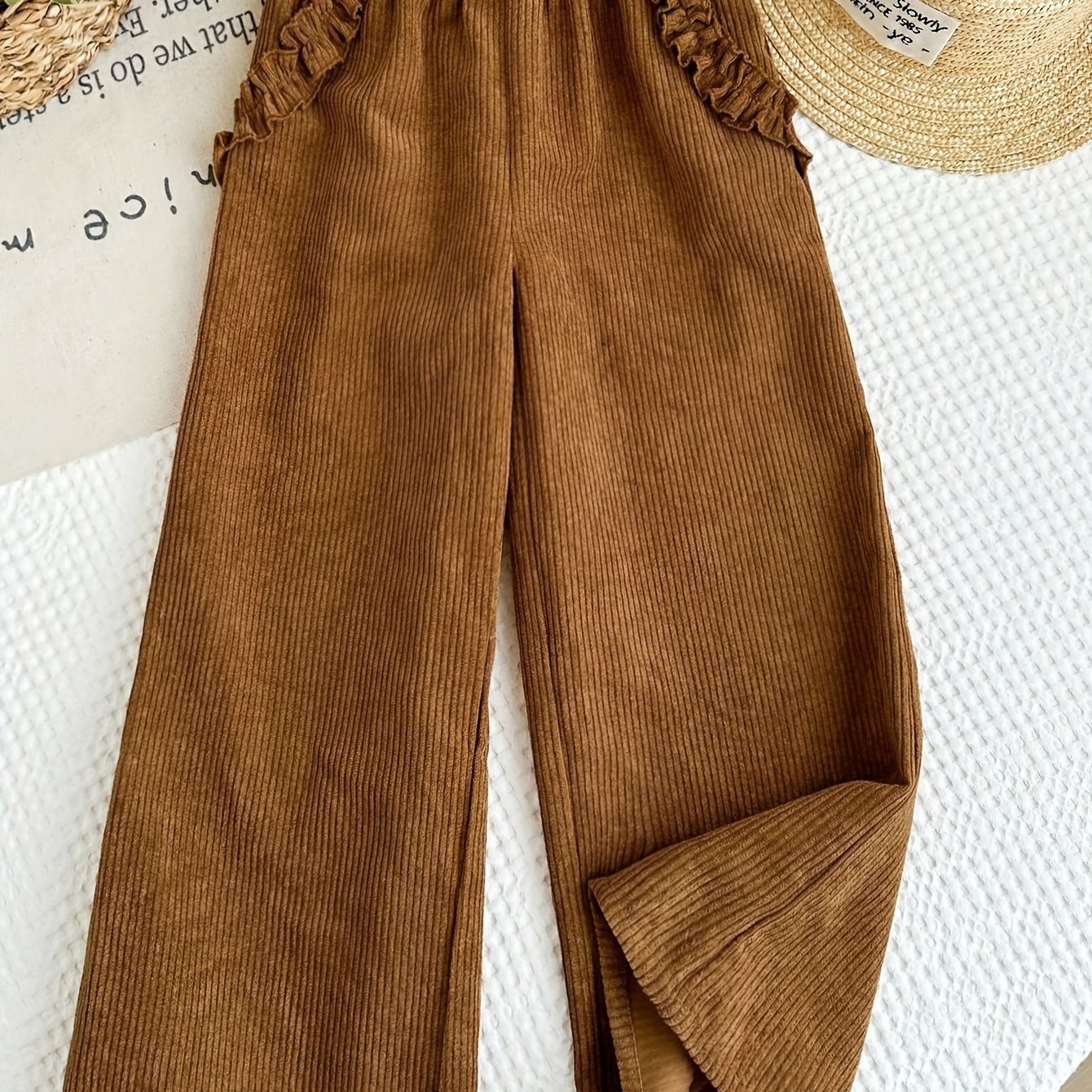 Autumn\Winter Women's Brown Corduroy Wide-Leg Pants with Cute Lace Trim, Fashionable Loose Fit Casual Trousers with Faux Pockets for Fall and Winter Outfits