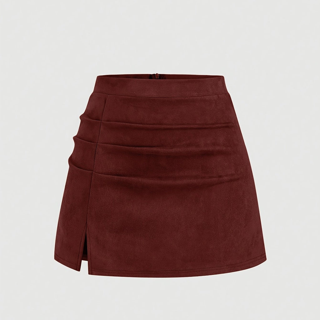 Women's Autumn\Winter New Vintage Italian Fashion Casual Deer Velvet Pleated Skirt, Solid Wine Red Pleated Midi Skirt