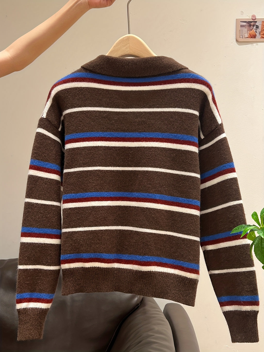 Women'S Korean Christmas Blue Striped Color-Block Button-Up Cardigan | Winter Warm Top, Elegant Knitwear, Loose Fit, Cozy Material, Long Sleeve, Fall\Winter