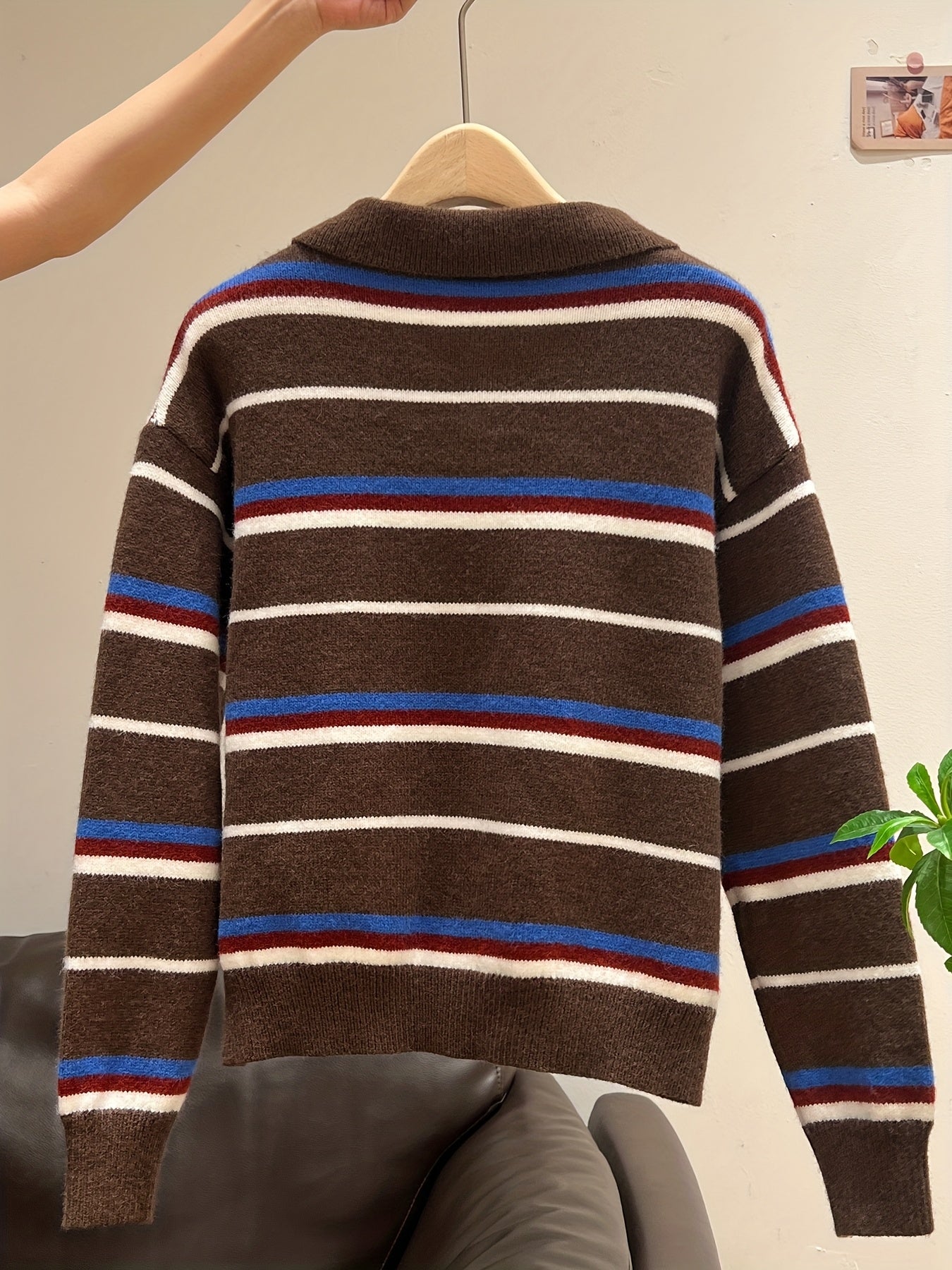 Women'S Korean Christmas Blue Striped Color-Block Button-Up Cardigan | Winter Warm Top, Elegant Knitwear, Loose Fit, Cozy Material, Long Sleeve, Fall\Winter