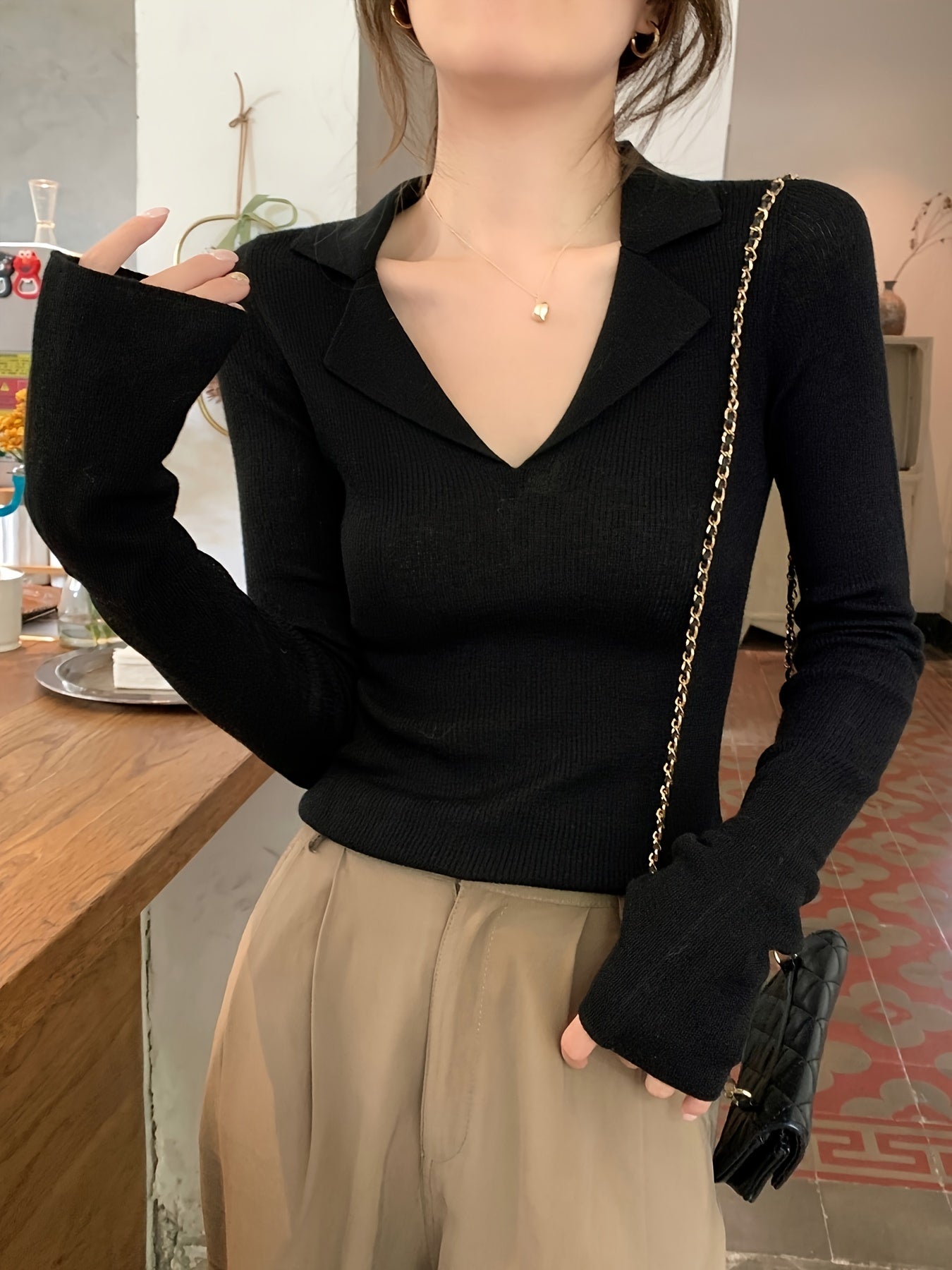 Women'S Elegant V-Neck Sweater - Slim Fit Long Sleeve Office & Everyday Top, Soft Sweater for Fall\Winter, Chic Layering Piece for Women, Professional & Casual Outfits