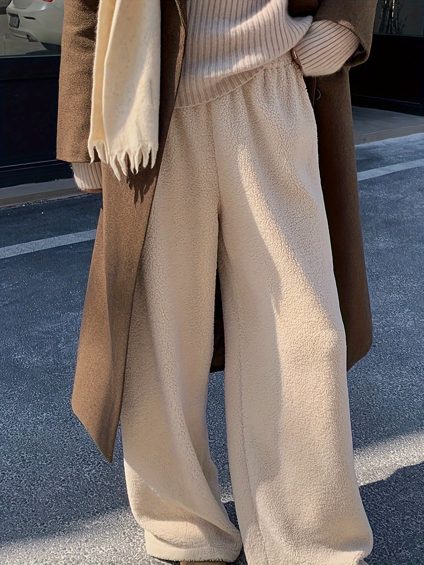 Women's -Lined Wide-Leg Pants Winter Thermal Trousers - Cozy Loose-Fit Solid Color Pants with Wide Leg Opening, Machine Washable Warm Pants for Fall\Winter